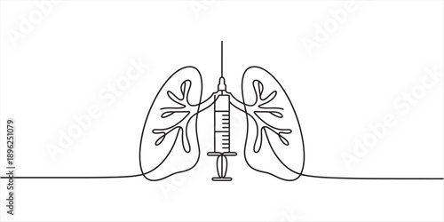 Continuous line drawing of human lungs with a medical syringe for vaccination