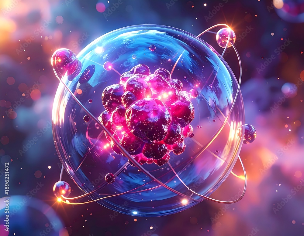 Obraz premium Purple clusters inside a transparent sphere with rings, surrounded by floating bokeh and abstract colorful background