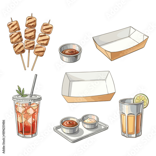 A hand-drawn colorful illustration of fast food and street food elements including skewers, dipping sauces, empty cardboard trays, and iced drinks.