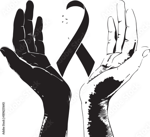 Awareness ribbon illustration — black and white line drawing of raised hands with unity symbol for support, remembrance, and justice