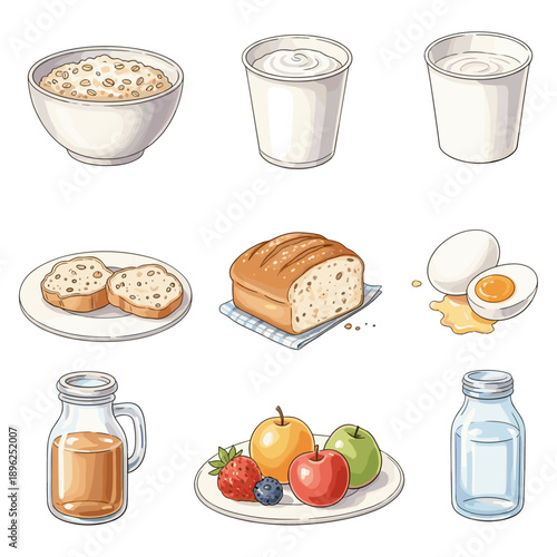 Hand-drawn colored illustration set of various healthy breakfast foods including cereal, bread, eggs, fruit, and dairy.