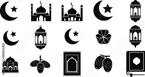 Islamic icon set with mosque, crescent moon, lantern, Quran, dates, and prayer rug silhouettes for Ramadan Kareem and Eid Mubarak designs.