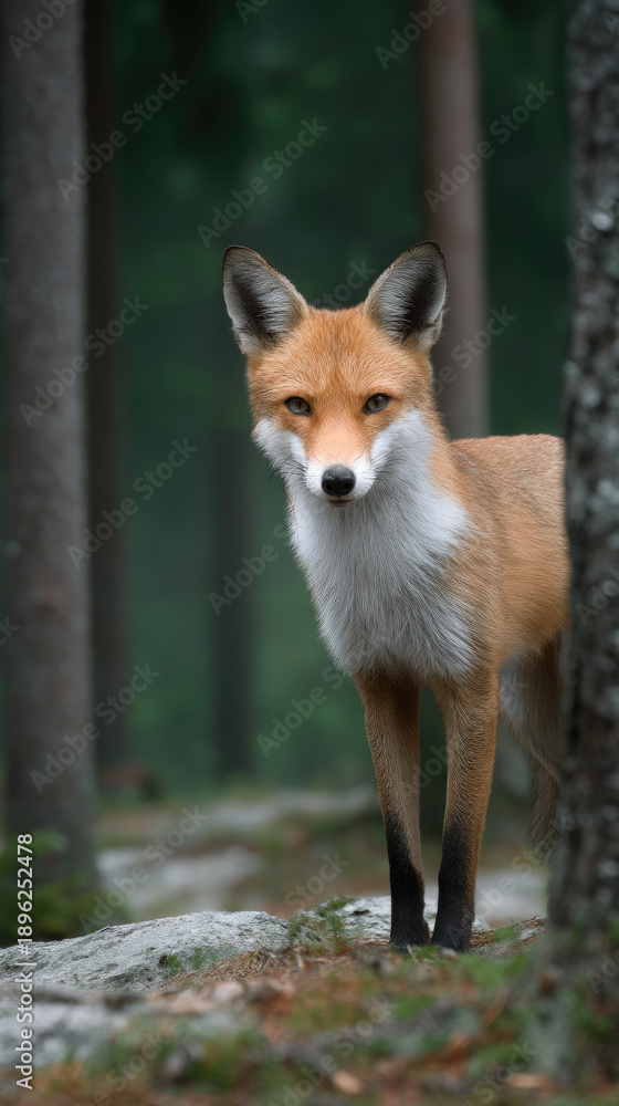 Naklejka premium Red fox standing quietly in forest alert expression green background wild animal nature woodland fur mammal outdoors