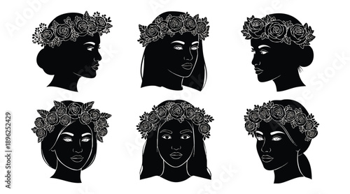Six black silhouette female heads with floral wreaths