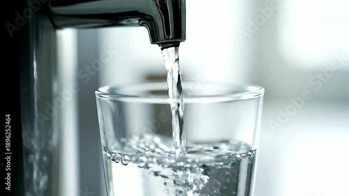 Close up of water pouring into a glass filling in interior or Macro shot of water pouring into glass creating bubbles in interior