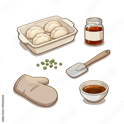 A colorful hand-drawn illustration of dumplings and cooking ingredients including sauce, green onions, a spatula, and an oven mitt.