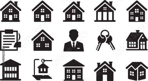 Real Estate Icons with Houses, Keys, and Agent