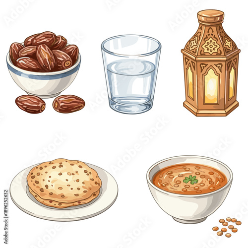 A colorful hand-drawn illustration of a traditional Iftar meal set with dates, lentil soup, flatbread, water, and an Arabic lantern.