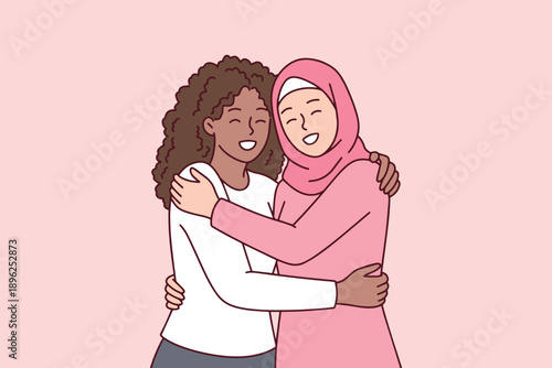 Muslim woman and Black woman in a loving relationship hugging. Promoting LGBTQ+ inclusion, interracial love, and acceptance for Zero Discrimination Day.