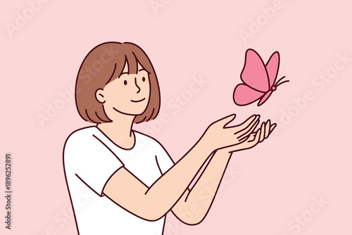 Young woman with autism spectrum disorder reaching out to a butterfly. Illustration of neurodiversity, delicate nature, and freedom for Zero Discrimination Day.