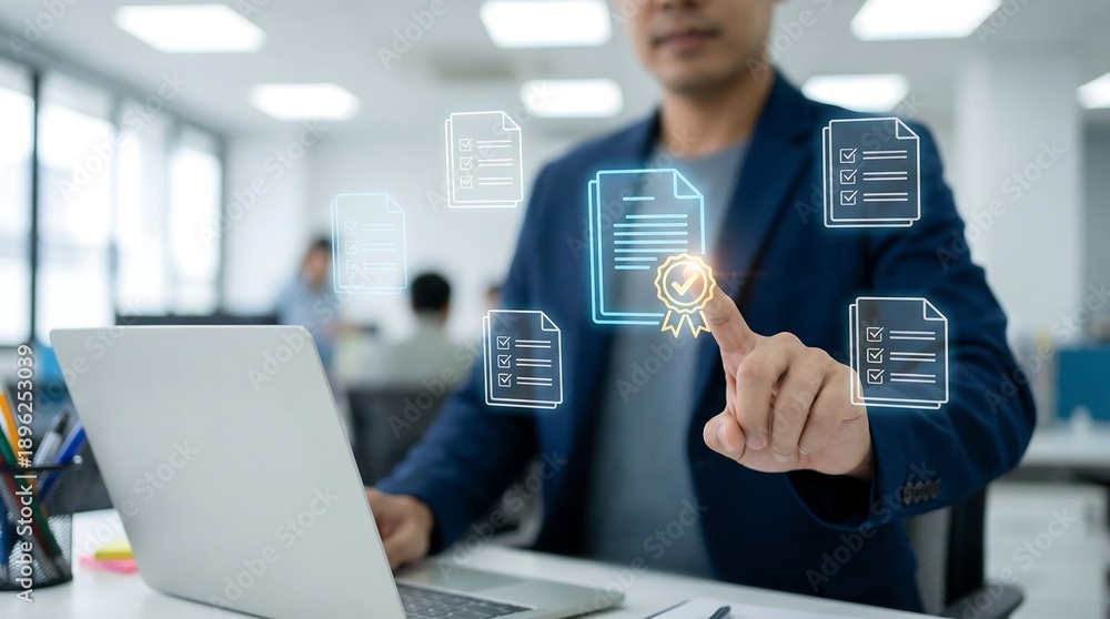 Fototapeta premium A businessman interacts with holographic document interfaces seemingly approving or authenticating files using a digital touchpoint high quality professional detailed modern elegant
