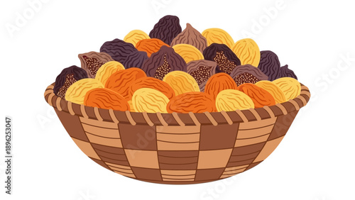 A wicker basket filled with assorted candy, viewed from above, in a simple setting