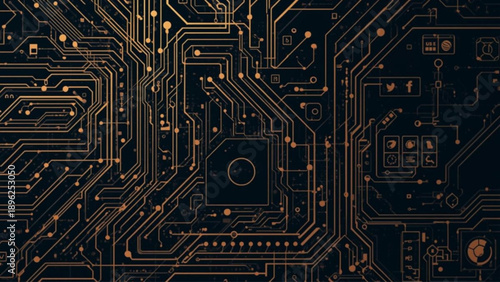 Modern orange circuit board design with complex electronic pathways
