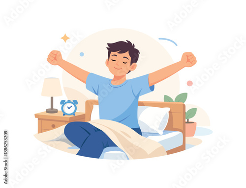 Man stretching in bed with alarm clock and lamp, flat vector illustration