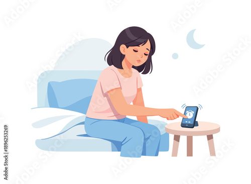 Woman turning off phone alarm in bedroom, flat vector illustration