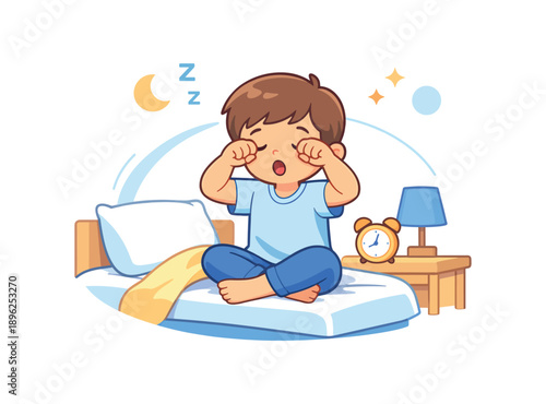 Sleepy boy rubbing eyes in bed with alarm clock, flat vector illustration