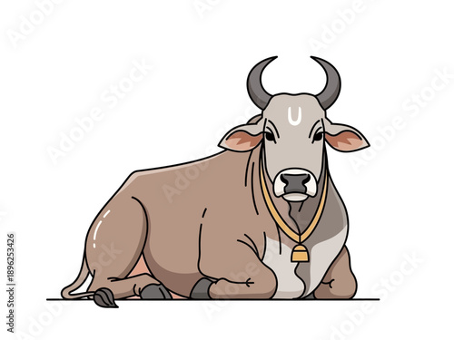 Cartoon illustration of a sacred cow resting marked with a Ushaped symbol