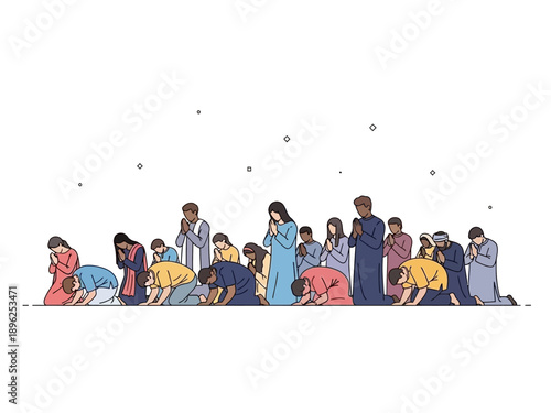 Diverse group of people in various stages of prayer or supplication