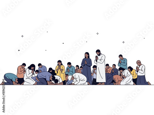 Diverse group praying or bowing on white background with small symbols