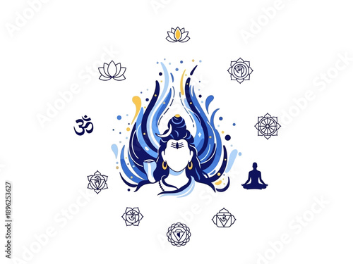 Stylized illustration of Lord Shiva with surrounding spiritual symbols