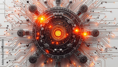 Futuristic circuit board with glowing orange lights and central processor