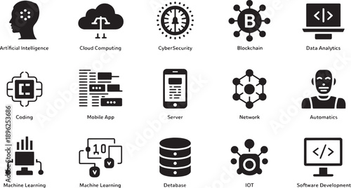 Black Icons of Artificial Intelligence, Cloud Computing, Cyber Security and Blockchain, Data Analysis, Coding, Mobile App, Server, Network, Automation, Machine Learning, Database, IT