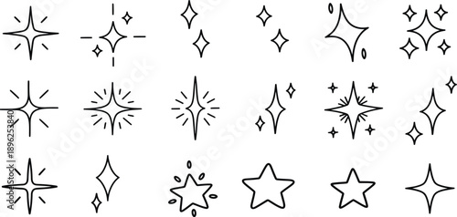 Sparkle Icon Set Featuring Minimalist Stars Twinkle Graphics Shining Light Elements and Glitter Symbols for Magic Celebration and Decorative Design
