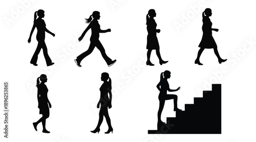 Silhouettes of women walking and climbing stairs woman
