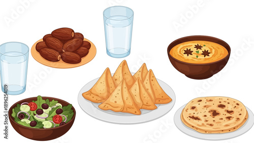 A vibrant illustration of assorted international cuisine including samosas, salad, and flatbread on a clean white background from a direct overhead view