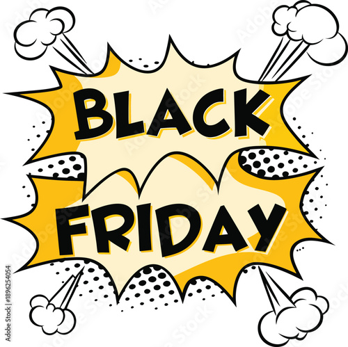Black Friday sale announcement in comic book style with explosive effects and smoke