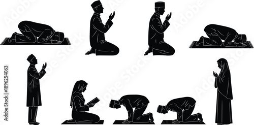 Islamic prayer silhouette, Muslim worship positions, Salah postures icon, religious faith illustration, spiritual ritual art, worship sequence design, cultural religion symbol