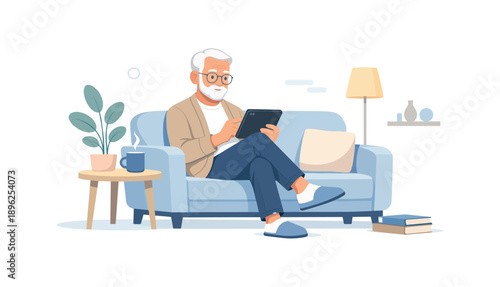 Elderly man reading on tablet sitting on couch, flat vector illustration