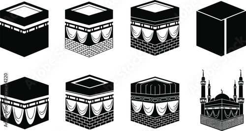 Kaaba icon set, Islamic holy structure, Mecca sacred symbol, mosque silhouette, religious architecture, spiritual faith illustration, cultural heritage, pilgrimage art, sacred design, worship icon