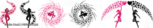 Elegant Female Silhouettes Dancing with Swirling Hearts & Abstract Patterns Vector Graphics for Love & Movement
