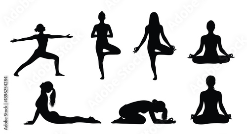 Six black silhouette yoga poses on white background