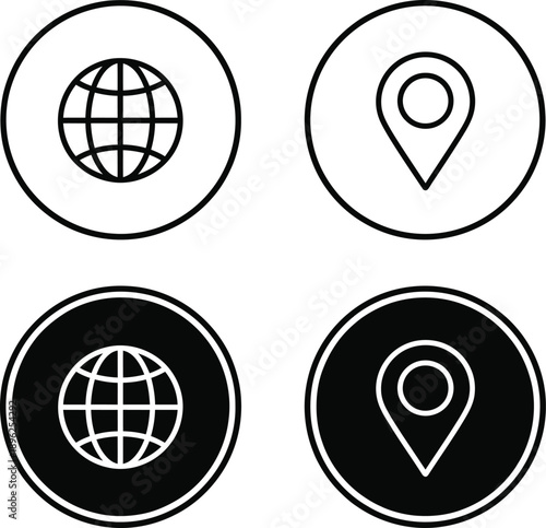 Set of four simple icons representing global location and connection with a clean, modern aesthetic