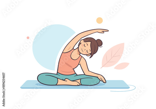 Woman practicing yoga on mat, flat vector illustration