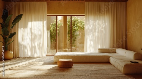 Wallpaper Mural Sunlight fills a minimalist living room with open doors to a tranquil courtyard Torontodigital.ca