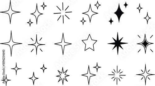 Set of minimalist black star sparkle and twinkle icons with various line weights for decorative graphic design, magic, and celebration.