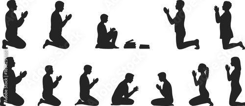 Prayer posture silhouettes, kneeling figures, meditation icon, spiritual gesture, worship illustration, religious practice art, cultural faith symbol, devotion design, holy ritual, silhouette artwork