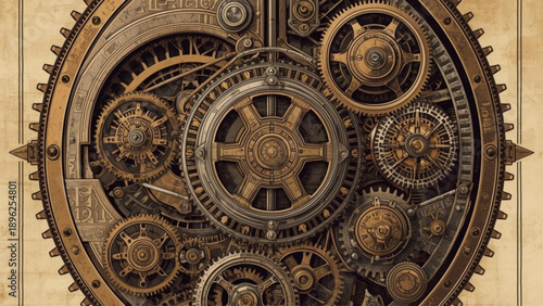 Intricate steampunk clockwork mechanism with interlocking gears