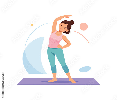 Woman doing yoga stretching pose on mat, flat vector illustration