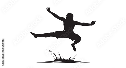 Athlete jumping over water splash isolated on transparent background