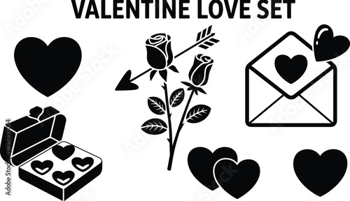 Valentine love set, romantic heart icon, chocolate box illustration, rose flower design, love letter symbol, affection art, romantic holiday decor