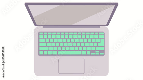 Top View of a Modern Laptop Computer with a Brightly Lit Green Keyboard and Touchpad