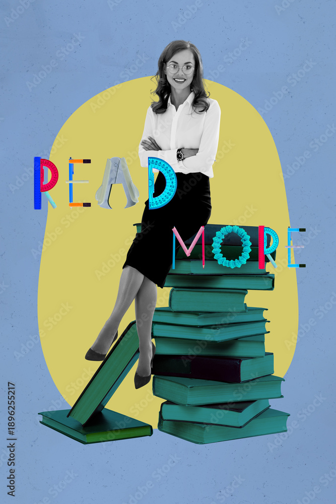 Fototapeta premium Pop image sketch 3d collage poster of happy girl guy stand book stack library education bookworm hobby university student learner