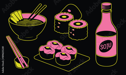 Vibrant neon illustration of popular Asian dishes: steaming ramen noodles, colorful sushi rolls, and a bottle of Soju, styled in a trendy 80s vaporwave aesthetic.