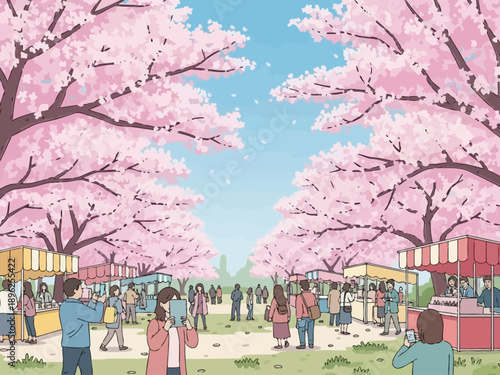 People enjoying a vibrant spring festival under blooming cherry blossom trees.