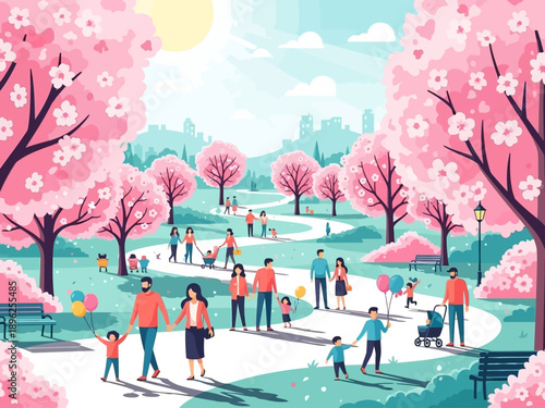People enjoying a beautiful spring day in a park with cherry blossoms.