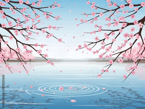 Cherry Blossom Branches Over Serene Water with Falling Petals.